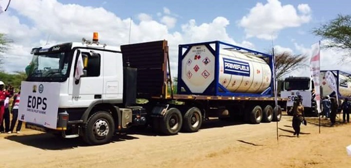 A truck being flagged off during the launch of the Early Oil Pilot Scheme. The project was later folded by Tullow Oil.