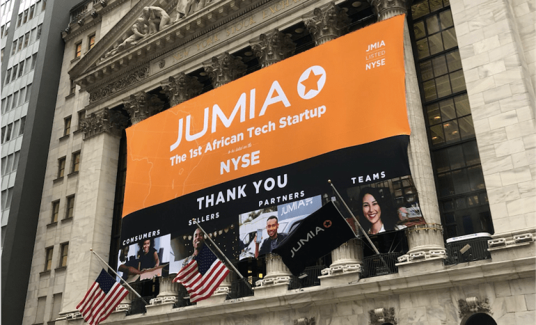 Jumia banner when it announced entry into the NYSE. The company has closed its Tanzanian shops. www.businesstoday.co.ke
