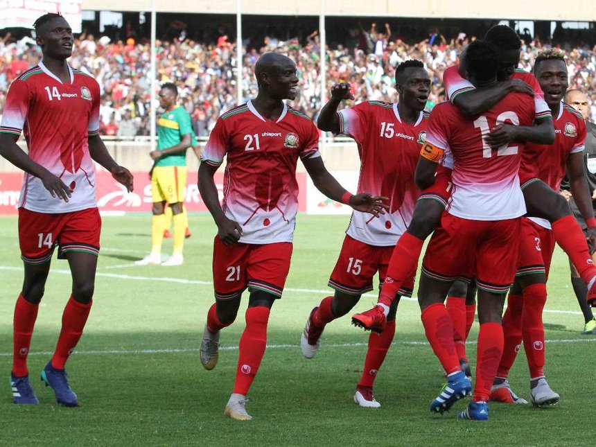 Harambee Stars players celebrate Victor Wanyama's goal against Ethiopia at the Moi International Sports Centre Kasarani. Stars have been given an 'easy' group at the World Cup qualifiers draw. www.businesstoday.co.ke