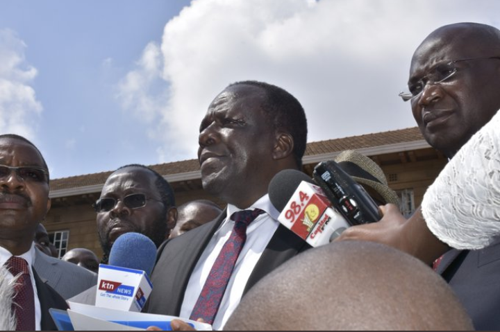 Council of governors chairman Wycliffe Oparanya addressing reporters outside the Supreme Court after filing case with the court on July 15th. www.businesstoday.co.ke