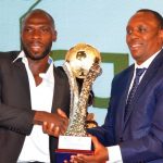 Gor Mahia and Harambee Stars defender Joash Onyango receives his award at the SJAK KPL Awards dinner. www.businesstoday.co.ke