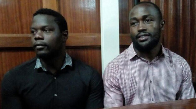 Alex Olaba Mahaga (left) and Frank Wanyama at a Nairobi Court in 2018. They have been jailed for 15 years after being found guilty of gang-raping a musician www.businesstoday.co.ke