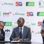 From Left: Etude Africa Director Joy Wachira, KCB Group Chief Operating Officer Sam Mukome and Safaricom Chief Customer Officer Sylivia Mulinge during the signing of the SOAR Africa summit sponsorship deal. www.businesstoday.co.ke