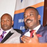 Shelter Afrique Chairman Nghidinua Daniel addresses the media when the company release its 2019 half year result. whith him is Shelter Afrique Managing Director Andrew Chimphondah www.businesstoday.co.ke