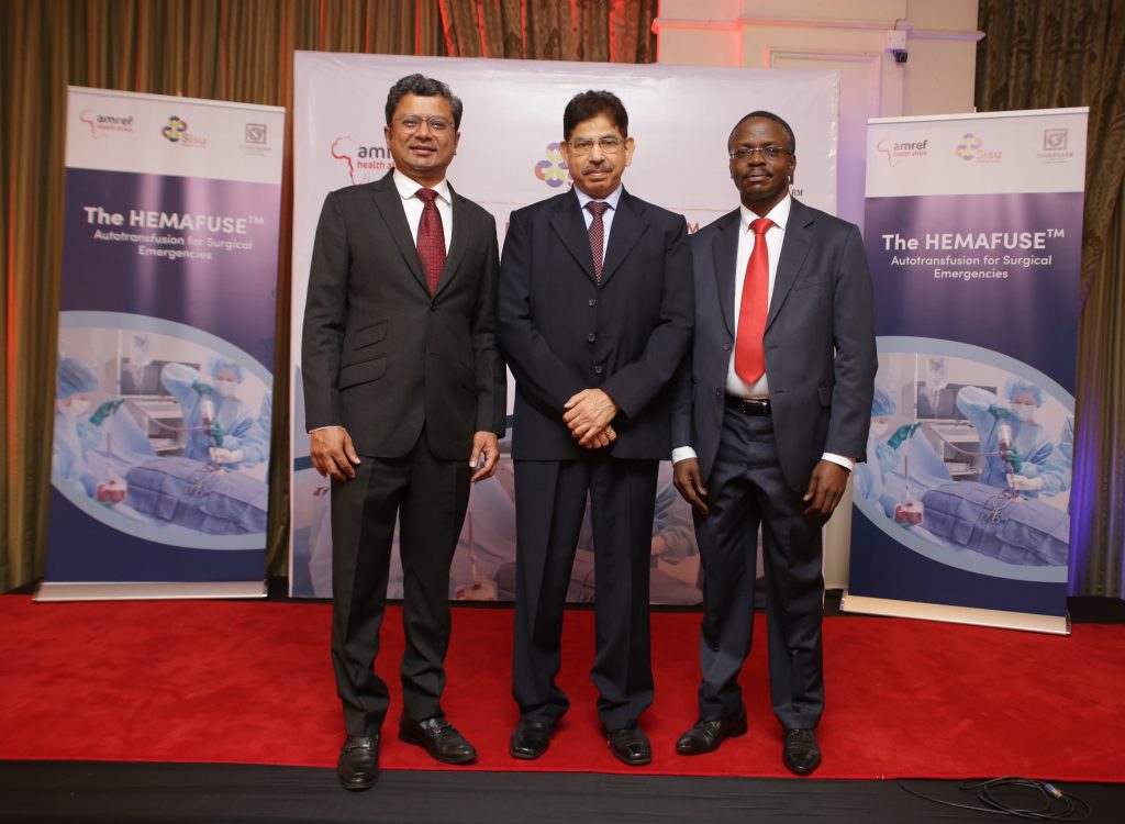 Sisu Global Health COO Sajju Jain, Surgipharm Director of Sales and Marketing Rakesh Vinayak and Amref Health Africa in Kenya Country Director Dr Meshack Ndirangu pose for a photo during the launch of Hemafuse in Kenya. www.businesstoday.co.ke