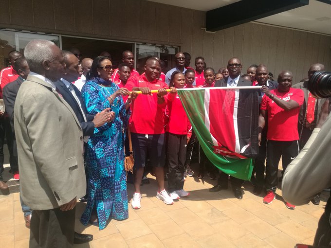 Cabinet Secretary for Sports Amb. Amina Mohammed flags of the Kenyan team at the Moi International Sports Centre Kasarani. www.businesstoday.co.ke