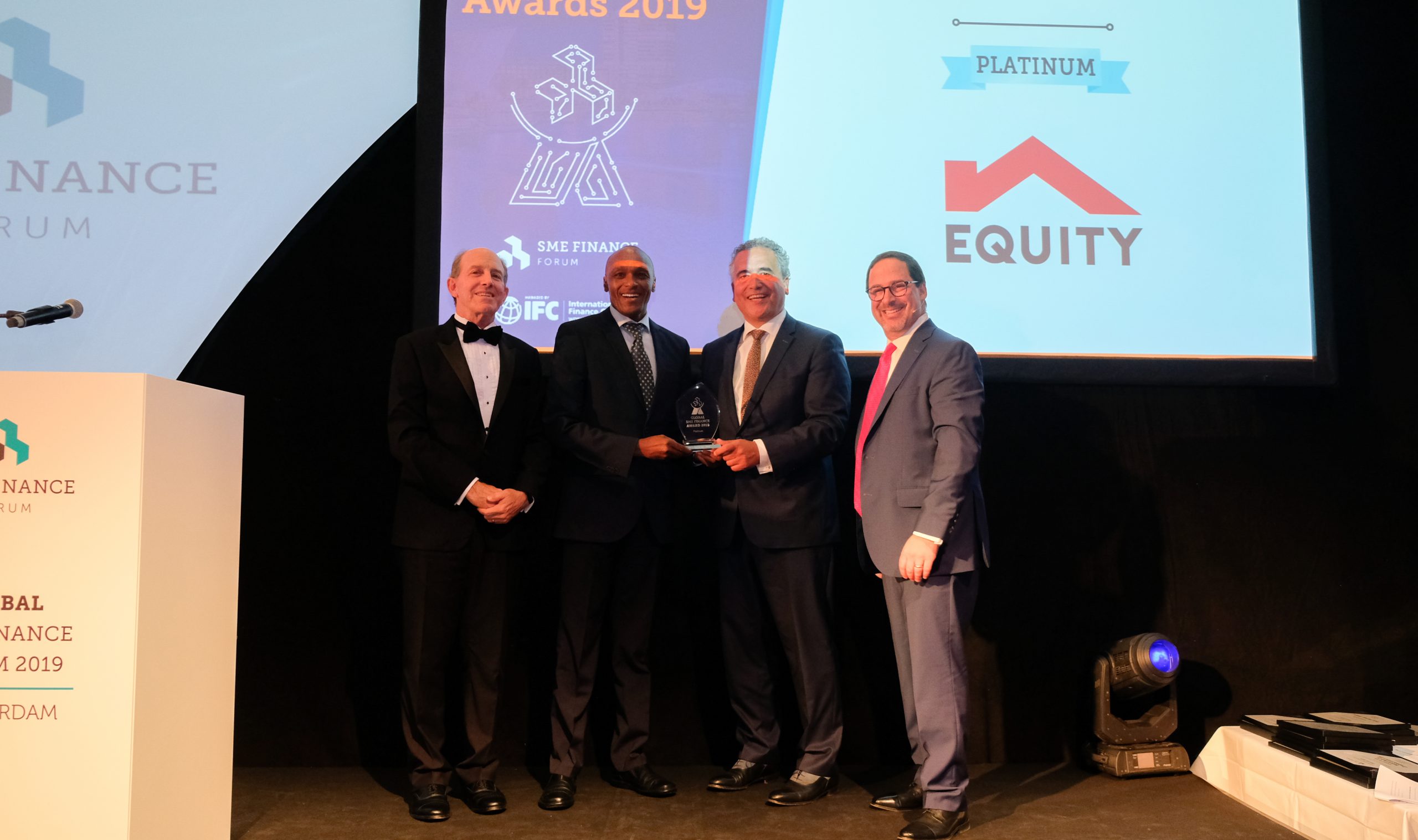 Equity Bank Corporate Banking - SME Associate Director, Jeremy Kamau (2nd left), receives the Award in the Platinum Category of SME Bank of the Year – Africa at this year’s IFC Global SME Finance Awards held in the Netherlands. www.businesstoday.co.ke