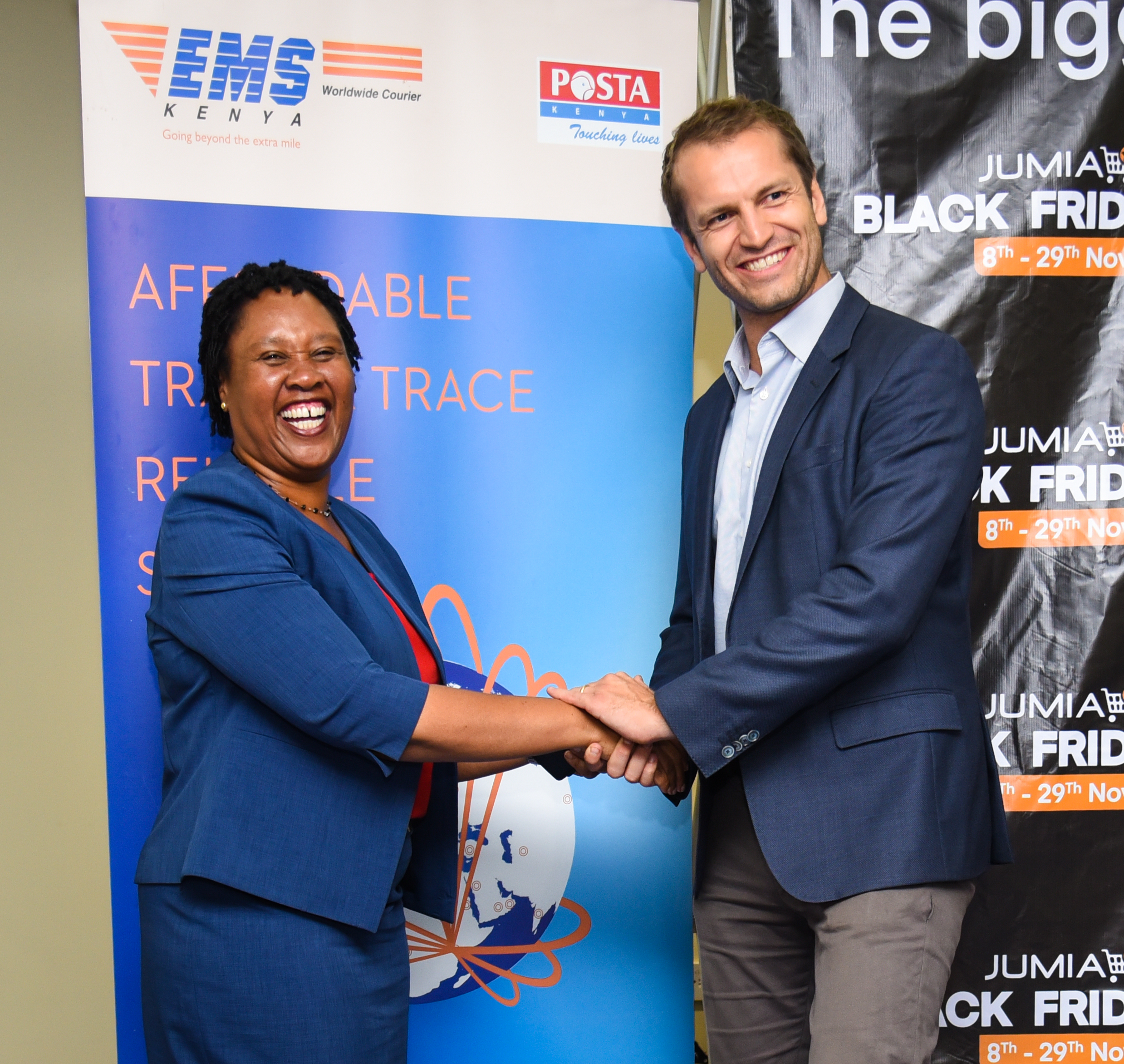 Postal Corporation of Kenya, Courier Services General Manager, Elizabeth Mwaura and Jumia Kenya CEO, Sam Chappatte during the renewal of Jumia and Posta Partnership at Movenpick Hotel, Westlands. www.businesstoday.co.ke