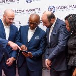 Scope Markets Kenya CEO Kevin Ng’anga demonstrates the platform to Serkan Ismailoglu as Dianah Igati and Jacob Plattner look on. www.businesstoday.co.ke