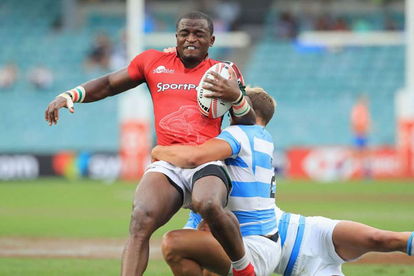 Kenya's Willy Ambaka tackled by Argentinian player in a past Shujaa match. He has bee included in the squad for Dubai and Cape Town sevens. www.businesstoday.co.ke