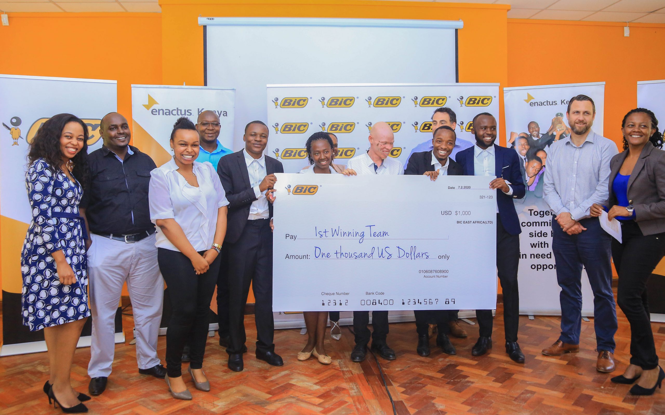 Bic and Enactus representatives present a cheque of USD1000 to Jaramongi Oginda Odinga University who emerged the winners at the BIC Education Challenge held at the Bic offices in Kasarani on Friday last week. The money will be used to support the development of their Hydro-pads project. www.businesstoday.co.ke