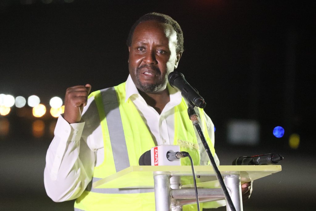 Kenya Airways CEO Allan Kilavuka speaks at the launch of direct cargo flights from Mombasa at the Moi International Airport on November 25, 2020