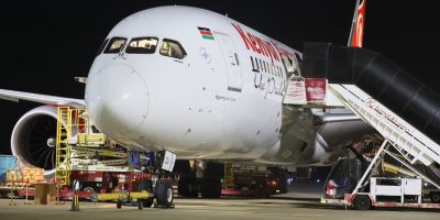 A Kenya Airways plane at Mombasa International Airport before starting a direct cargo flight to Shajara Airport, UAE on November 25, 2020