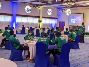 Mathare United players at a Nairobi hotel for the launch of a shirt sponsorship deal with Triple5 Bet on December 1, 2020