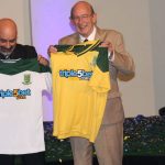 Mathare United Chairman Bob Munro (right) poses with a Triple5 Bet official after the company was unveiled as Mathare's shirt sponsors for the 2020/21 season on December 1, 2020. Mathare United is among clubs that have refused to endorse FKF's media rights deal with Startimes.