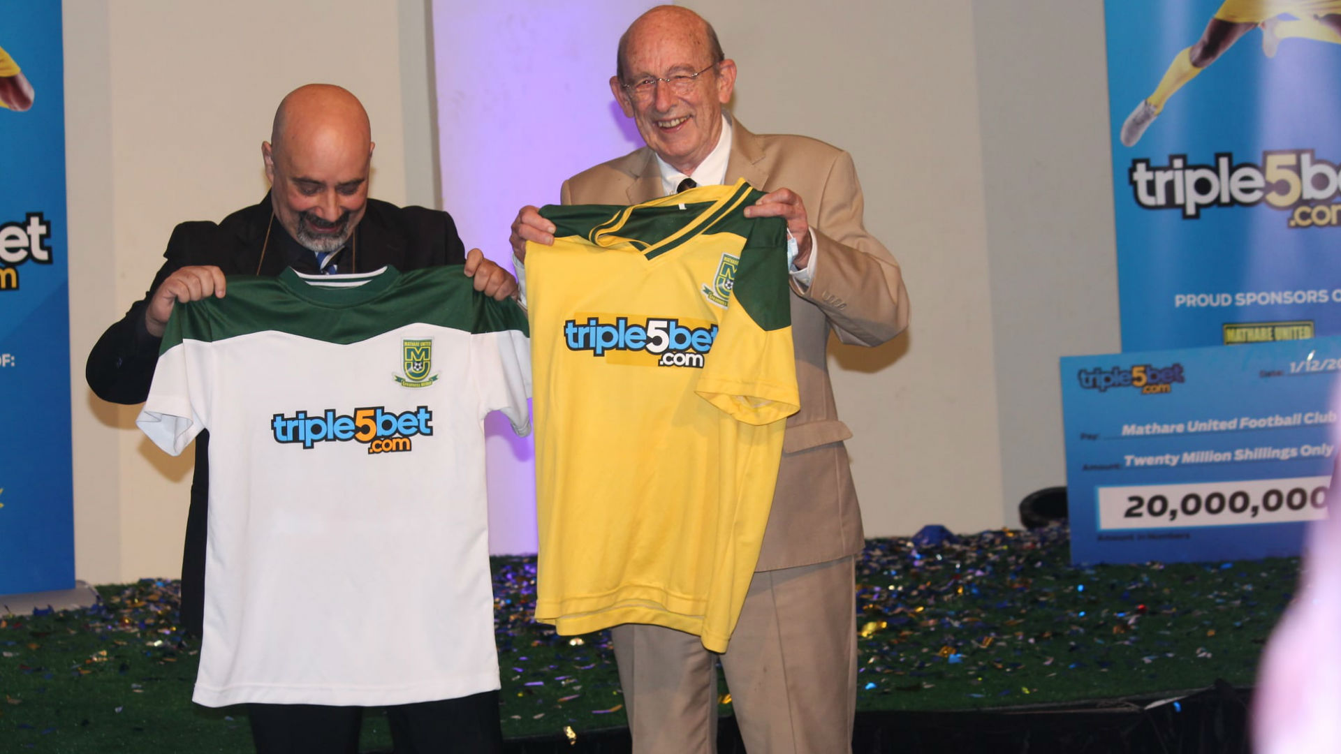 Mathare United Chairman Bob Munro (right) poses with a Triple5 Bet official after the company was unveiled as Mathare's shirt sponsors for the 2020/21 season on December 1, 2020. Mathare United is among clubs that have refused to endorse FKF's media rights deal with Startimes.