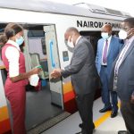 Transpot Cabinet Secretary James Macharia boards a train at the launch of the Nairobi Commuter Rail -JKIA express service on December 7, 2020