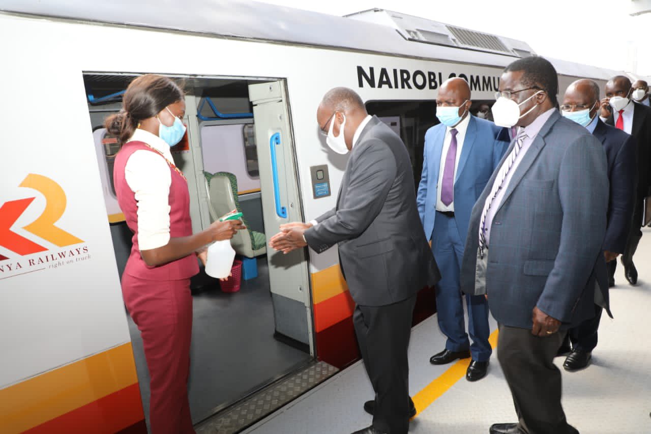 Transpot Cabinet Secretary James Macharia boards a train at the launch of the Nairobi Commuter Rail -JKIA express service on December 7, 2020