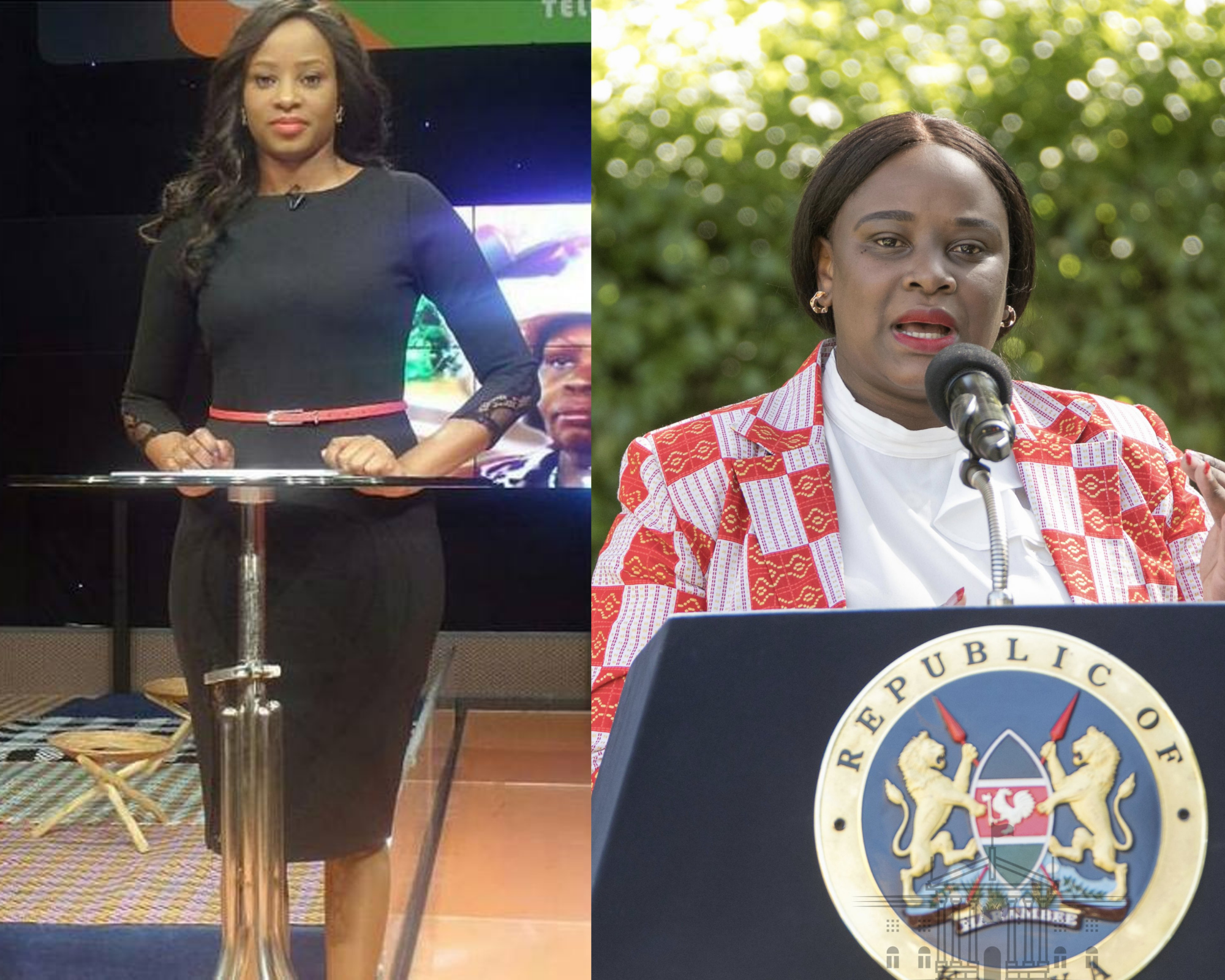 Kanze Dena on Citizen TV (left) and during a press briefing at Sagana State Lodge, Nyeri on January 29, 2021