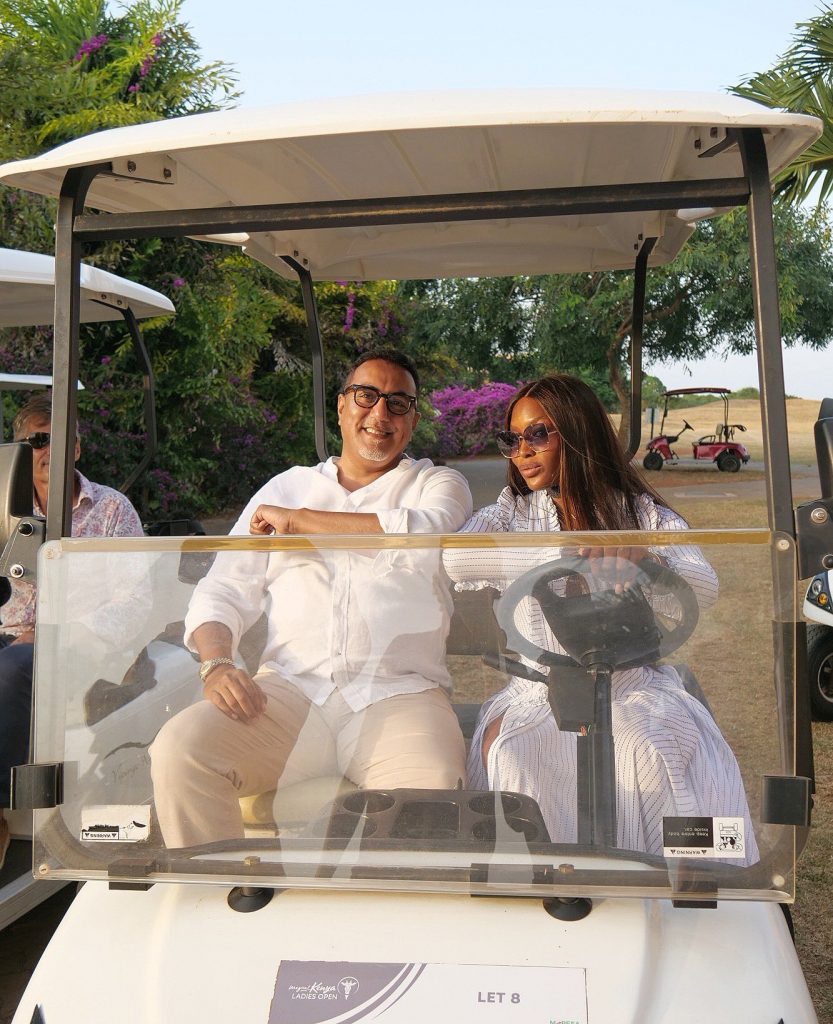 Naomi Campbell (right) with Tourism CS Najib Balala at the PGA Baobab course at Vipingo Ridge, Kilifi. She was unveiled as Magical Kenya International Tourism Ambassador on January 12, 2021.