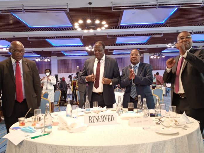 Embu Governor Martin Wambora (2nd from right) with his counterparts after being elected Council of Governors (CoG) Chair at Movenpick Hotel on January 29, 2021.