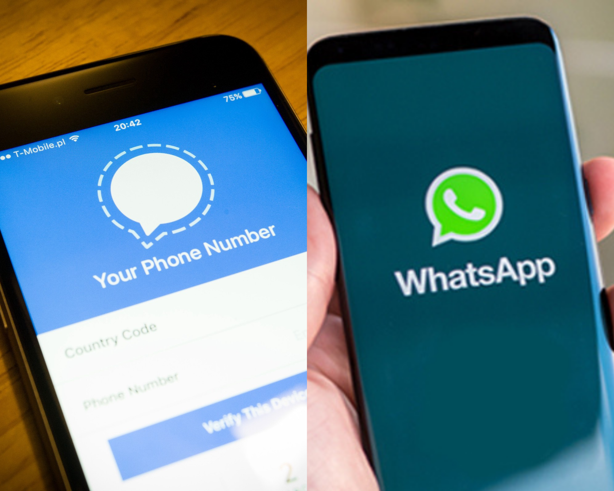 The Signal app displayed on a mobile device (left) versus Whatsapp