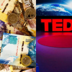 Kenyan bank notes and coins of different denominations juxtaposed with a TED stage