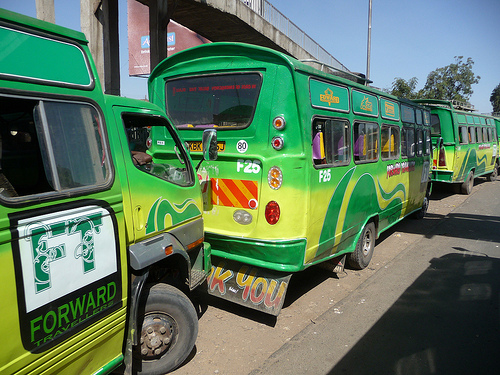 Forward Travellers matatus pictured in Nairobi, The sacco has partnered with Safaricom to introduce cashless payments.