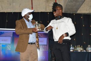 Comedian Flaqo receiving his ADIA award on February 1, 2021