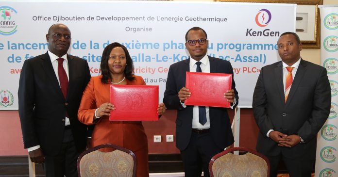 From Left to Right Hon. Charles Keter, Cabinet Secretary Ministry of Energy, Kenya, Mrs. Rebecca Miano, Managing Director & CEO, Kenya Electricity Generating Company PLC (KenGen), Dr. Kayad Moussa Ahmed, General Manager, ODDEG and Hon. Yonis Ali Guedi, Minister for Energy, Djibouti when they signed a drilling contract worth Ksh709 million in February 2019.