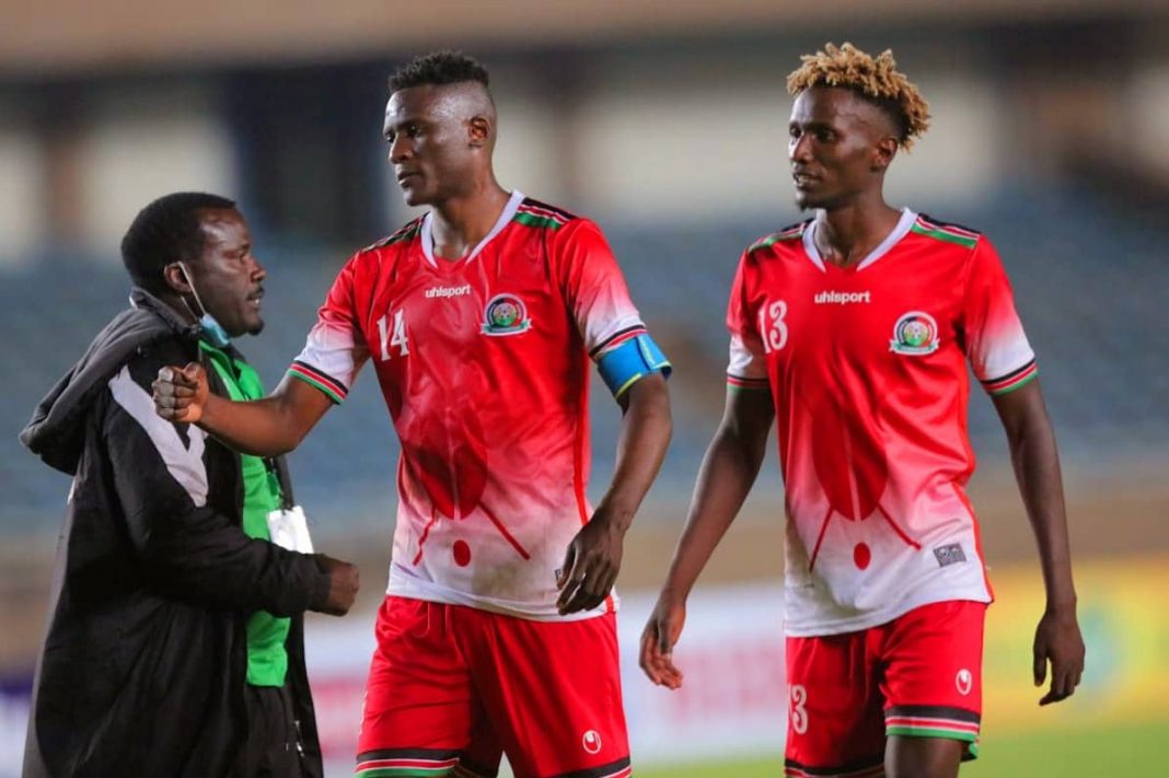 Harambee Stars' Michael Olunga (l) and Kenneth Muguna after an AFCON Qualifying match vs Egypt on March 25, 2021. For players plying their trade in local leagues such as Gor Mahia midfielder Muguna, the second lockdown has had an unwelcome impact. (Photo: Kenneth Muguna)