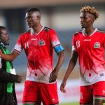 Harambee Stars' Michael Olunga (l) and Kenneth Muguna after an AFCON Qualifying match vs Egypt on March 25, 2021. For players plying their trade in local leagues such as Gor Mahia midfielder Muguna, the second lockdown has had an unwelcome impact. (Photo: Kenneth Muguna)