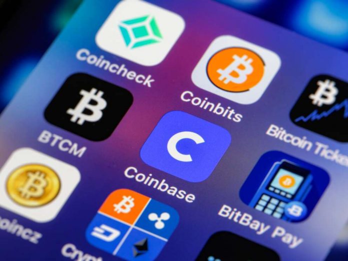 The Coinbase app logo displayed on a mobile device. It launched its initial public offering (IPO) on the Nasdaq under the symbol COIN on April 14, 2021.