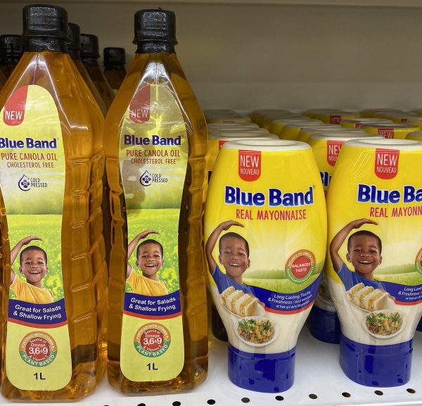 Blue Band Canola Oil and Mayonaisse on sale at a supermarket. They are among new product lines under the Blue Band brand introduced since 2020.