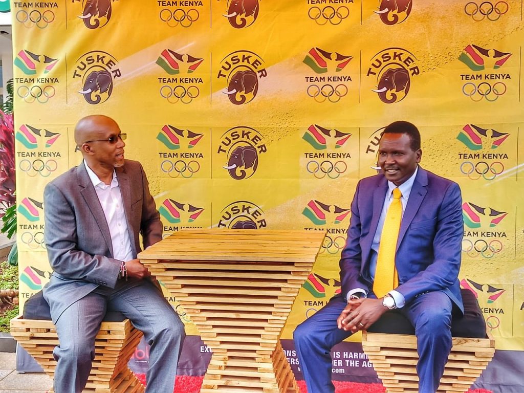 NOC-K President Paul Tergat (R) voiced his appreciation to KBL for their commitment to sports over the years. [Photo/OlympicsKe]