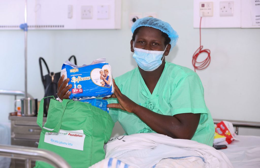 Joy Kamau, a new mother after receiving a Mama Pack during Safaricom Foundation’s handover of a Maternal HDU and Newborn unit in KNH Othaya, Nyeri County