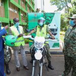 L – R; Micah Kenneth - Regional Manager, Bolt East Africa hands over a helmet and a reflective jacket to George Njao- Director General at NTSA and Matilda Sakwa – Director General at National Youth Service (NYS) during a handover ceremony of safety gears at the NYS headquarters in Nairobi. Bolt donated over 120 safety gears including helmets, reflective jackets and first aid kits to NTSA and NYS as part of its support and contributions towards the National Government Boda Boda Rider Training Programme launched in February 2021 to address the increasing road safety challenges in the Boda Boda Sector.
