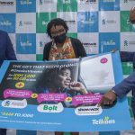 From left, Kenneth Micah, East Africa's Regional Manager at Bolt, Head of Consumer, Private and Business Banking at Standard Chartered Bank Kenya and East Africa, Edith Chumba and Eric Ochola Director for Marketing Telkom Kenya during the launch of a partnership between the three firms dubbed Omoka Vinoma.