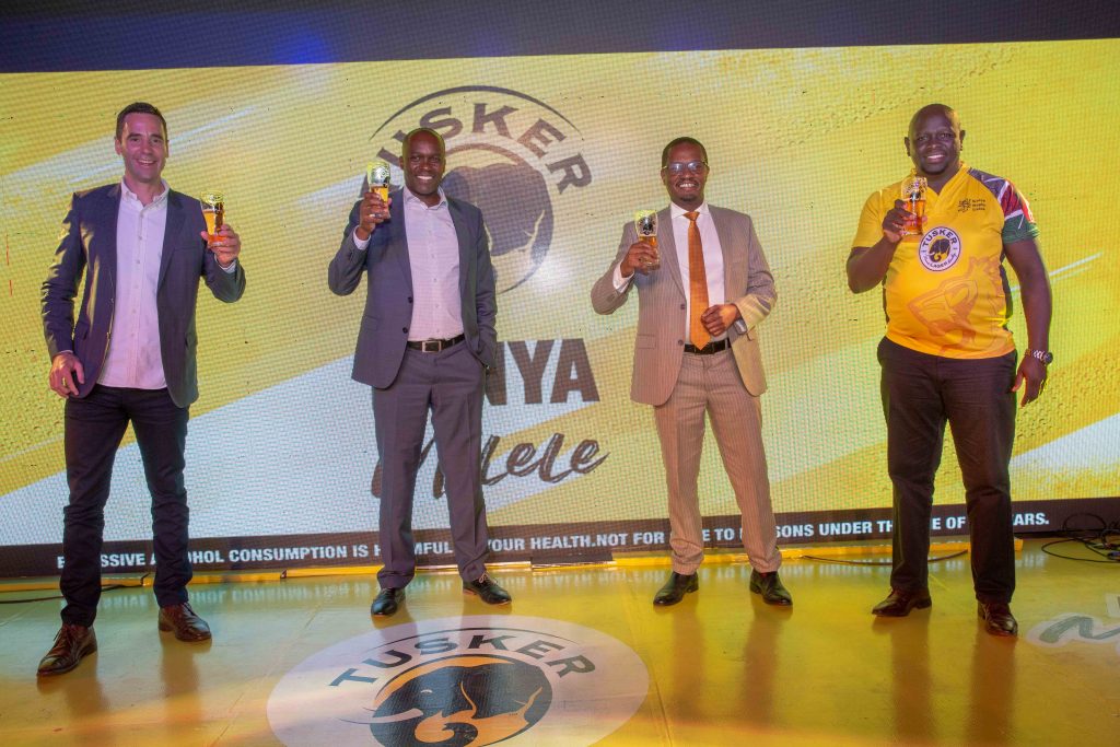 From Left: East African Breweries Limited (EABL) Marketing & Innovations Director Graham Villiers-Tuthill (Left) and Kenya Breweries Limited (KBL) MD John Musunga, EABL's Corporate Relations Director, Erick Kiniti and EABL’s Commercial Director, Joel Kamau during the official launch of the Kenya Milele Campaign in Nairobi.