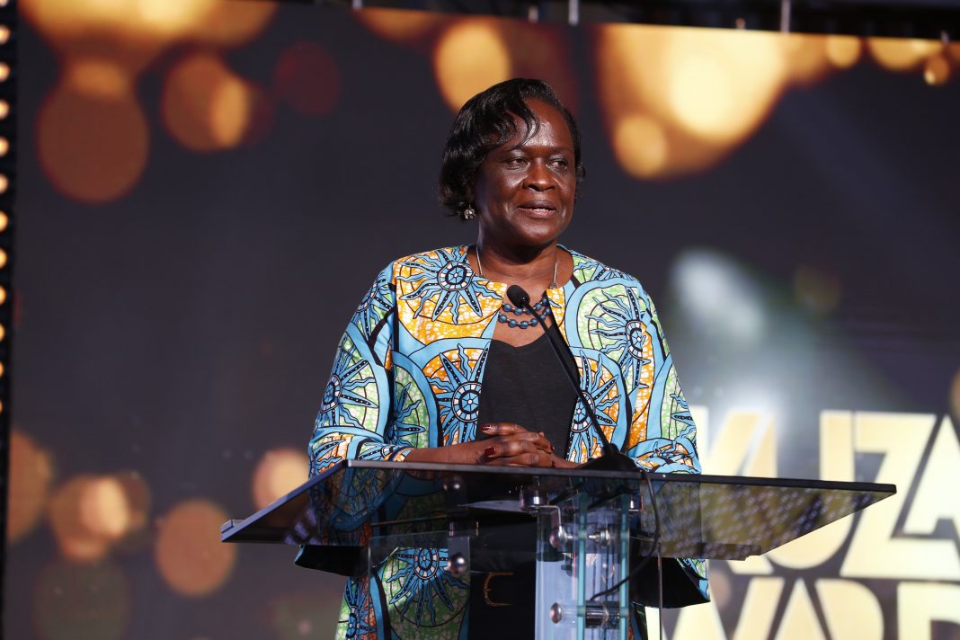 ICT Ministry Principal Secretary Esther Koimett speaks at the Kuza 2021 Broadcasting Awards gala on May 21, 2021. She stated that ensuring quality, clean content was not just the government's responsibility. [Photo/ CA]