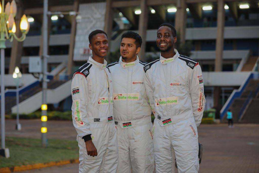 McRae Kimathi (Left), Hamza Anwar (Centre) and Jeremy Wahome (Right), of the FIA Rally Star Programme, during Safaricom sponsorship launch of WRC Safari Rally at Kasarani.