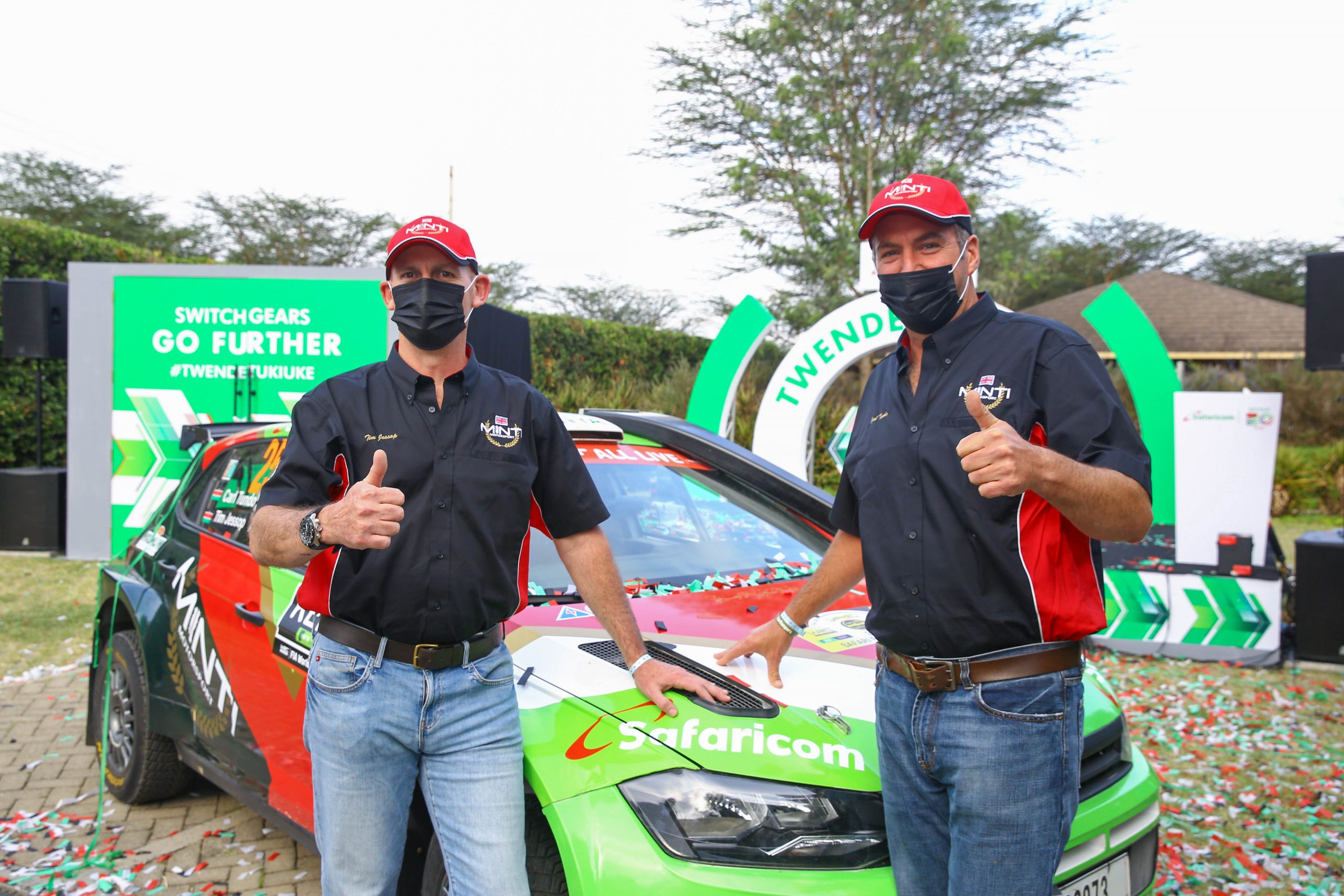 quator African Rally Championship (ARC) winner, Carl Tundo (RIGHT) and his navigator Tim Jessop (LEFT) pose for a photo after the Safaricom WRC sponsorship of their team in Naivasha.