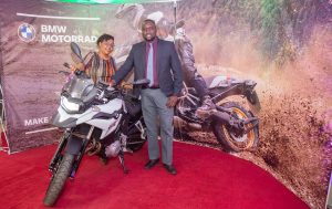 Inchacape Kenya Ltd MD Hussein Ibrahim (right) and BMW Brand Manager Maureen Njeri during the launch of the BMW Motorrad Showroom