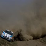 Rio Smith and Laban Cliff Onserio pictured driving on the edge of the road to avoid ruts during the WRC Safari Rally 2021. Smith was the youngest entrant in the rally.