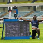 Mark Otieno (l) and Ferdinand Omanyala (R) pose after running Olympic-qualifying times in the Team Kenya trials held at Kasarani Stadium on June 17, 2021. [Photo/ Mark Otieno]