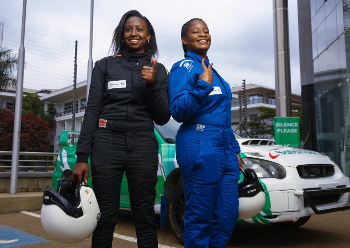 Maxine Wahome (Left) and navigator, Linet Ayuko (Right) pose for a photo during Safaricom sponsorship announcement to Maxine Racing Team and unveiling of the car at MJC.