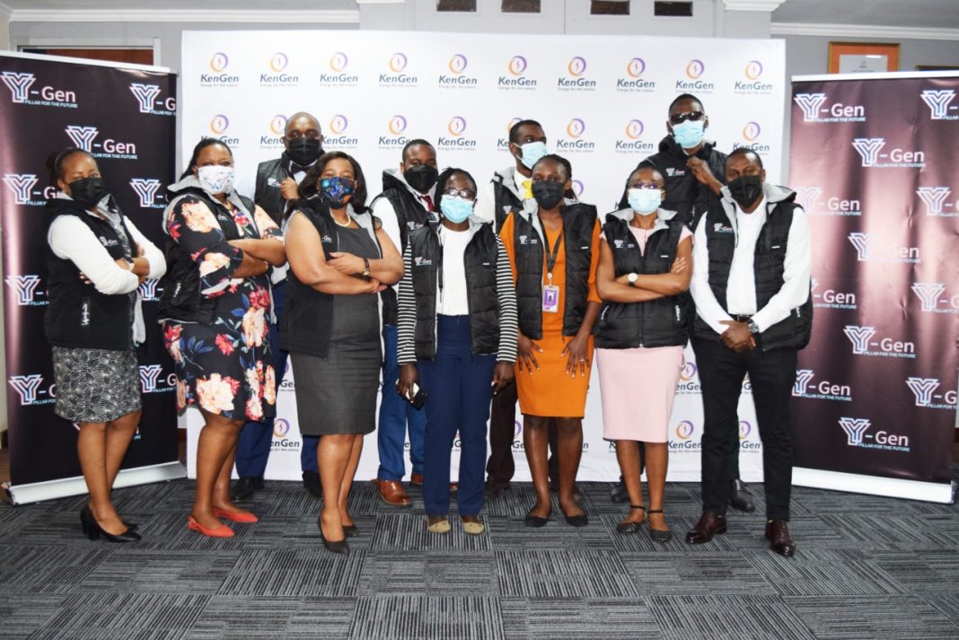 KenGen MD & CEO, Mrs. Rebecca Miano, (3rd Left) poses for a photo with top managers and staff during the launch of the Y-Gen program. (1)