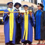 Outgoing Vice Chancellor Prof. Paul T. Zeleza (left) receiving the university mace from Chancellor Dr Manu Chandaria (second right) in 2016. Looking on is the former Chair of the Board of Trustees Mr. Linus Gitahi (second left) and former Vice Chancellor Prof. Freida A. Brown (right) who returns for a 9-month stint.