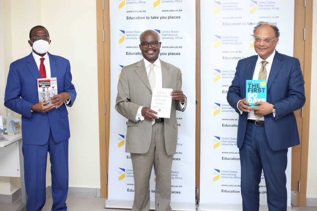 L-R- Former Chief Justice Willy Mutunga, Outgoing Vice Chancellor USIU- Africa, Professor Paul Zeleza and Chair of the Board of Trustees USIU-A, Dr. Kevit Desai