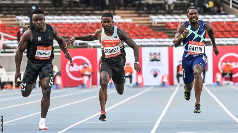 (L-R) Ferdinand Omanyala, Travon Bromell and Justin Gatlin in action in the 100m at the Absa Kip Keino Classic at the Moi International Sports Complex, Kasarani in Nairobi on September 18, 2021. [Photo: BBC/Getty Images]